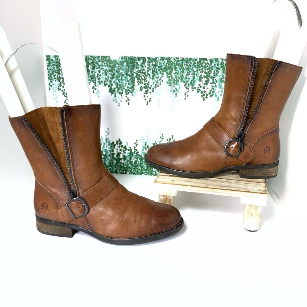 BORN Leather Buckle Strap Double Zippered Above The Ankle Boots Size 7.5 Womens